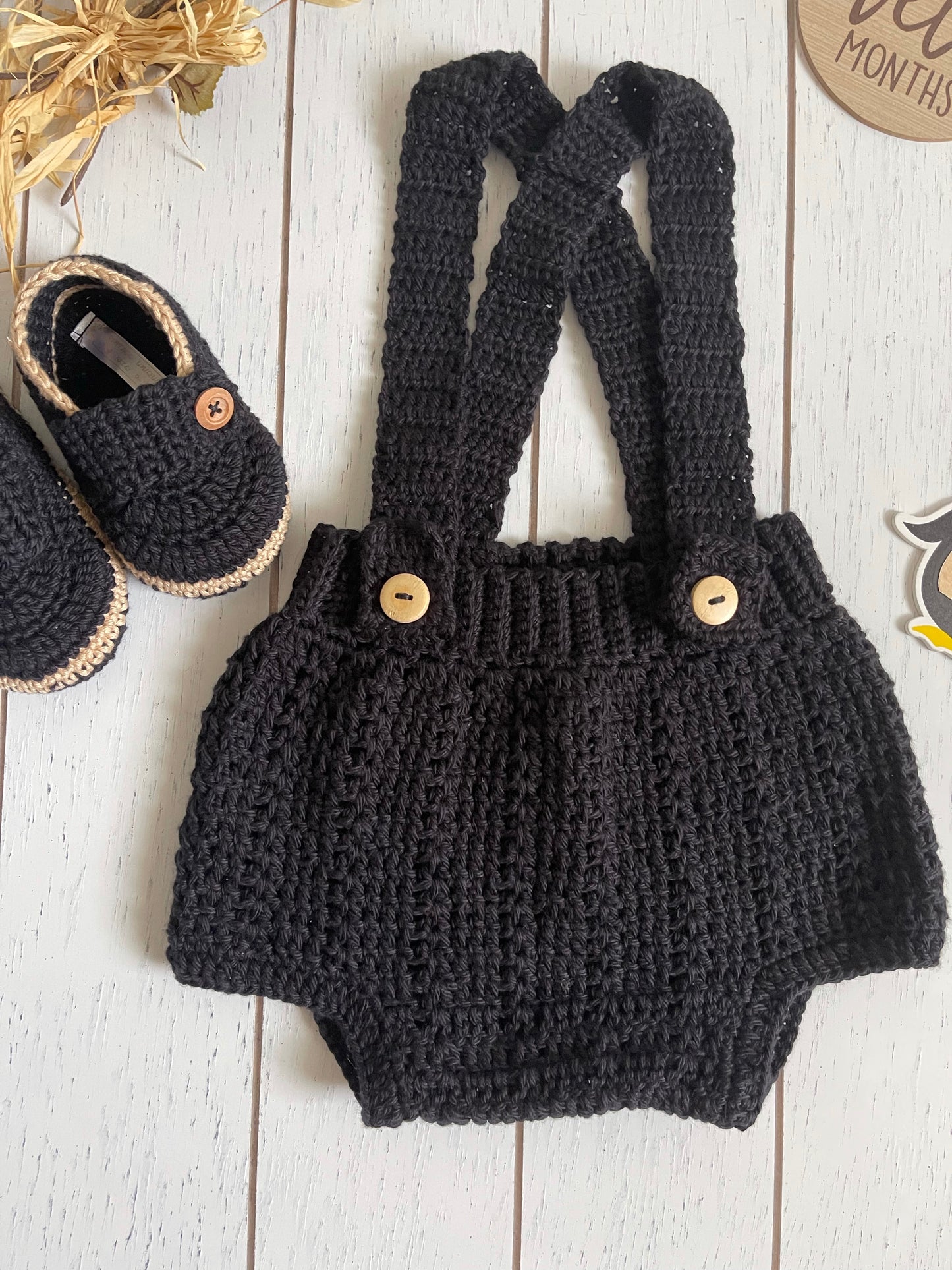 Black & Kaki Crochet Boy Overalls Outfit Set