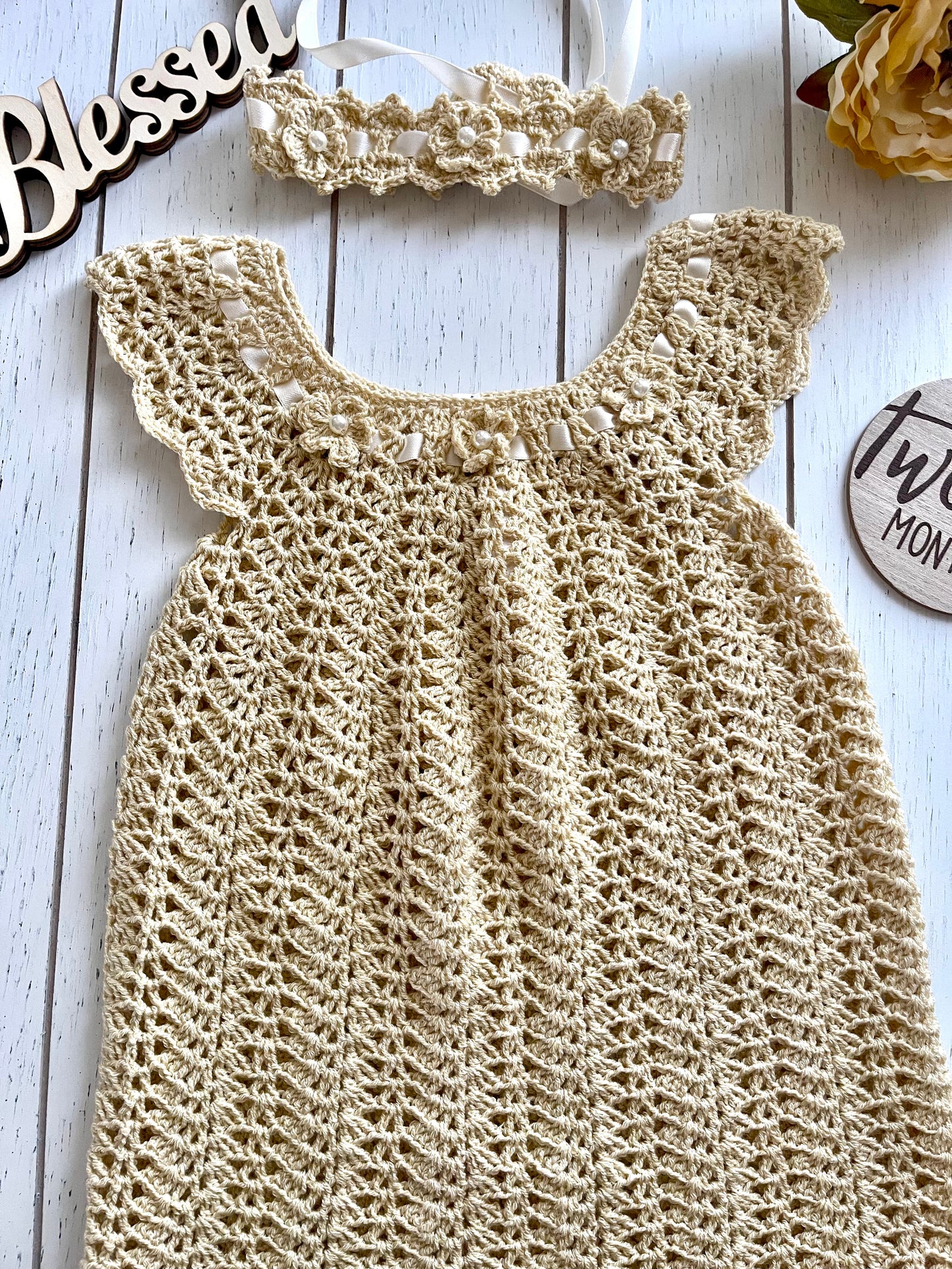 Tan Crochet Girl Dress with Flowers & Pearls