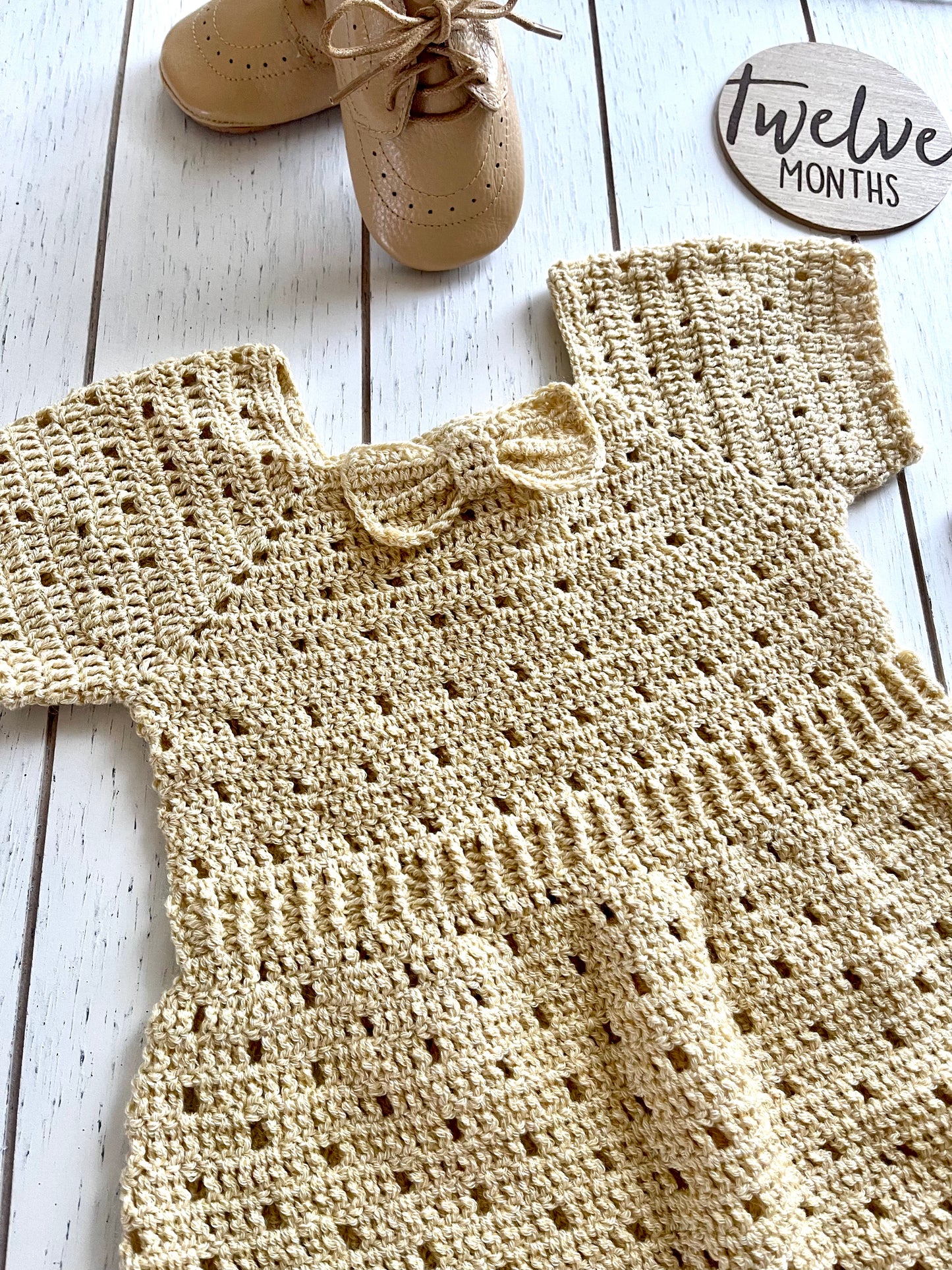 Tan Crochet Short Sleeves Boy Romper with Bowtie