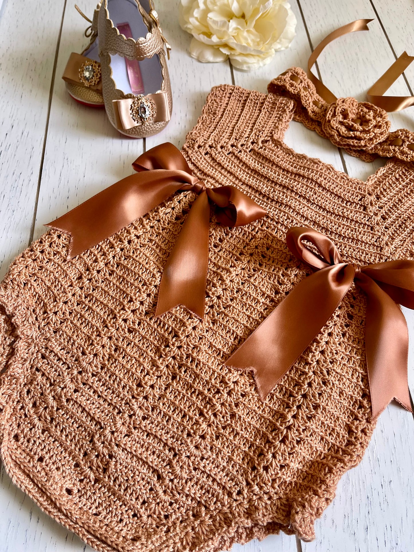 Vintage Rosegold Crochet Girl Romper