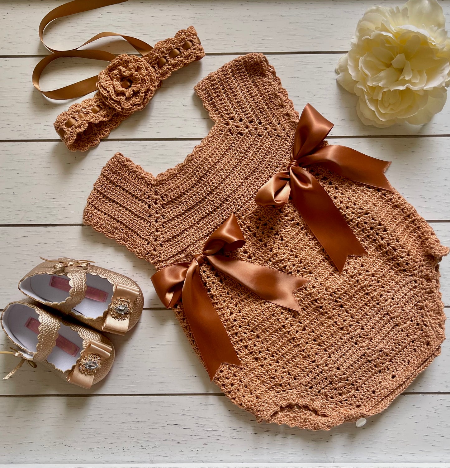 Vintage Rosegold Crochet Girl Romper