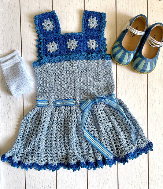 Sleeveless Two tone Blue Crochet Girl Dress