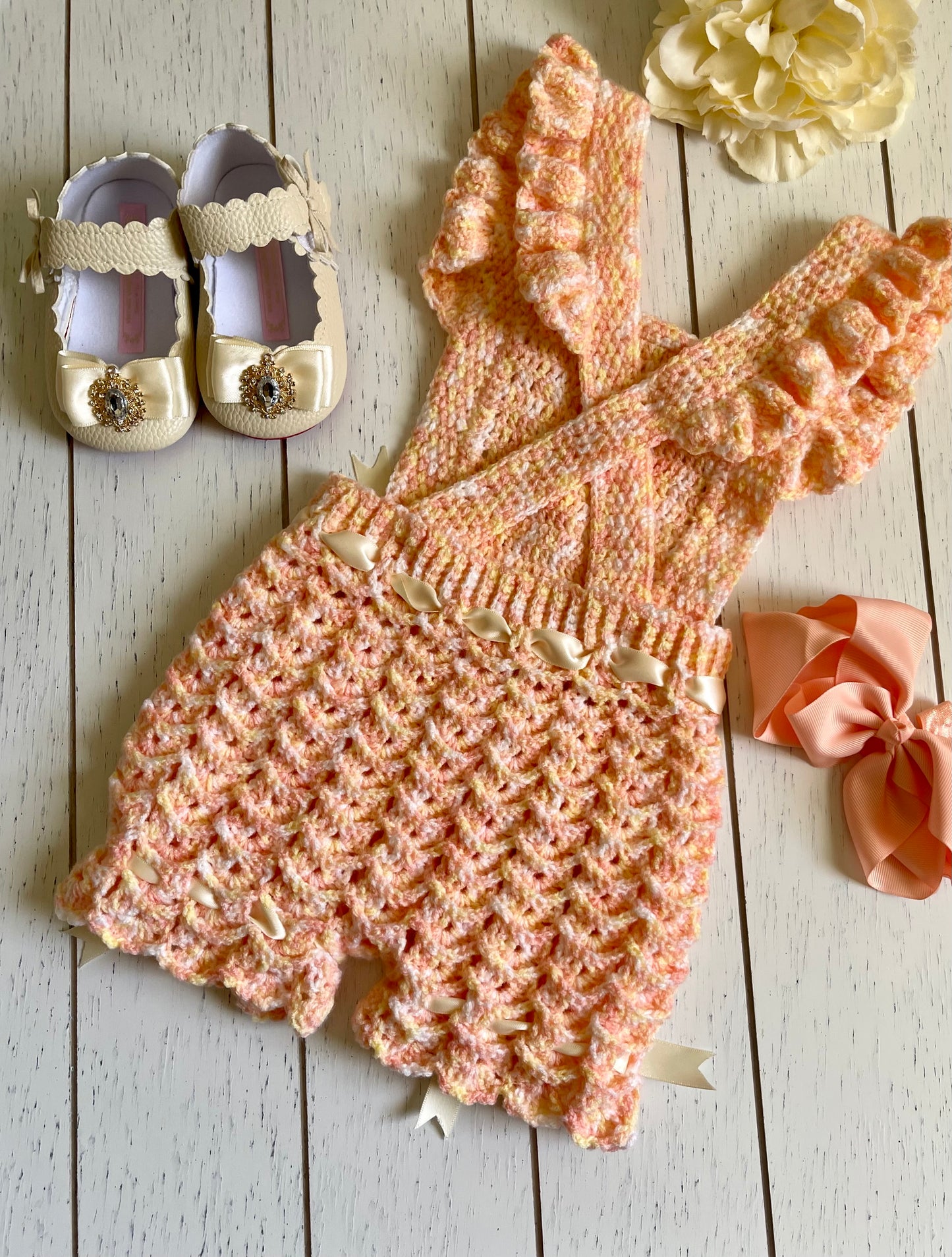 Peach & Cream with ribbons Crochet Girl Overalls