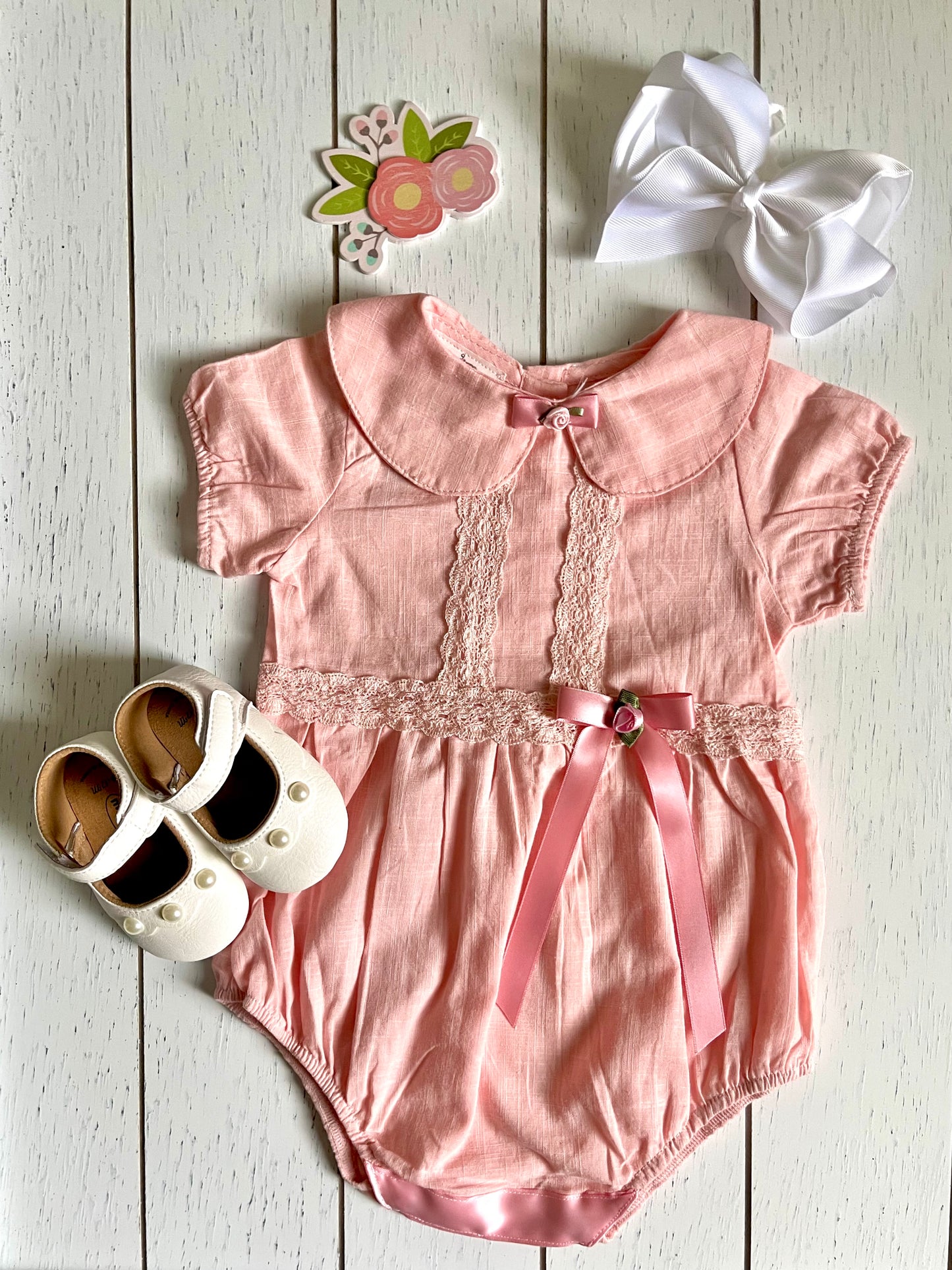 Vintage Linen & Lace Peter Pan Collar Girl Romper