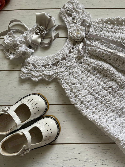 White & Silver Crochet Girl Dress With Ribbons