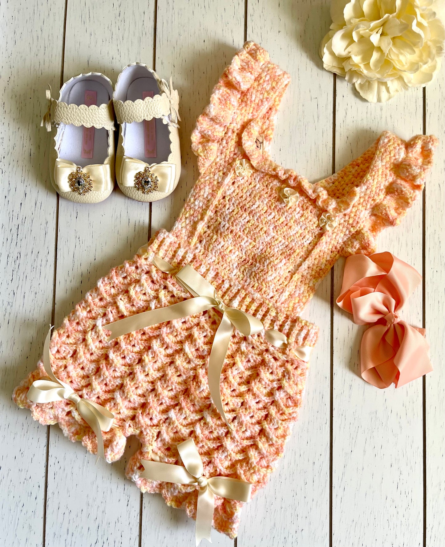 Peach & Cream with ribbons Crochet Girl Overalls