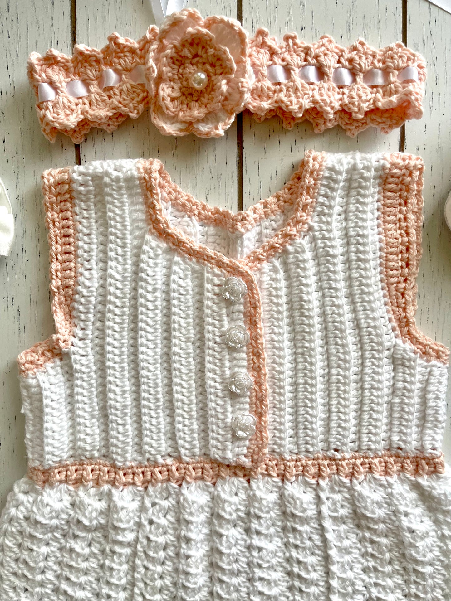 Sleeveless White & Peach Crochet Girl Romper