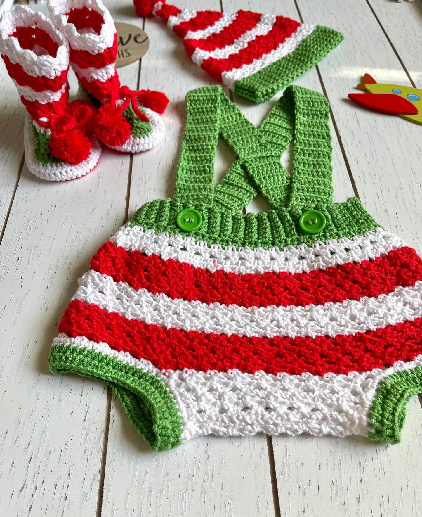 Holiday Green Red & White Boy or Girl Overalls Outfit Set