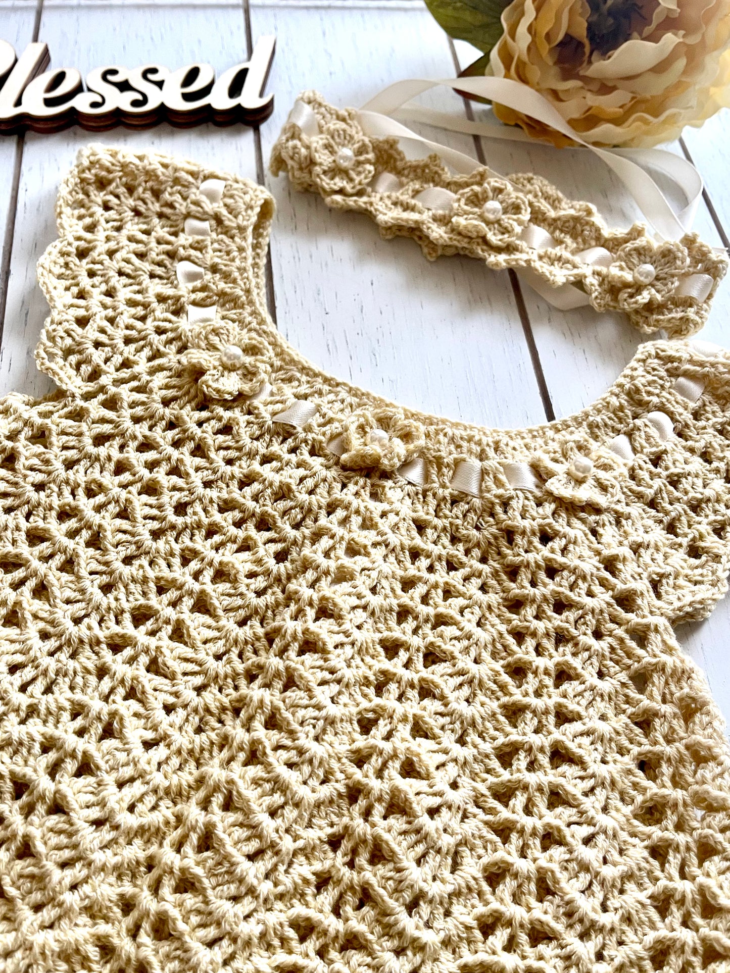 Tan Crochet Girl Dress with Flowers & Pearls