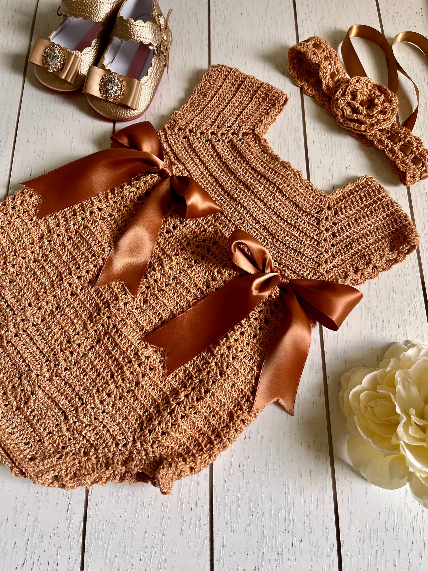 Vintage Rosegold Crochet Girl Romper