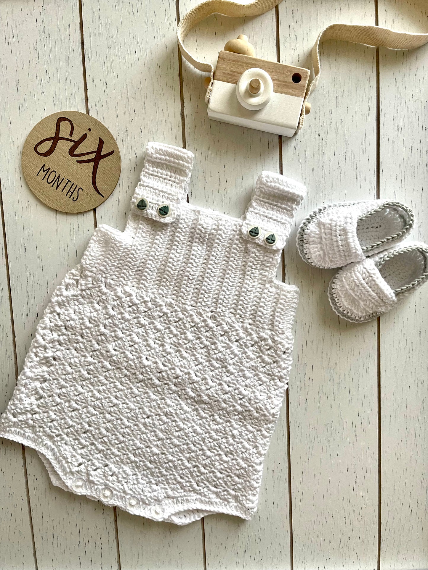 White Crochet Boy  Romper with sailboat buttons Outfit Set