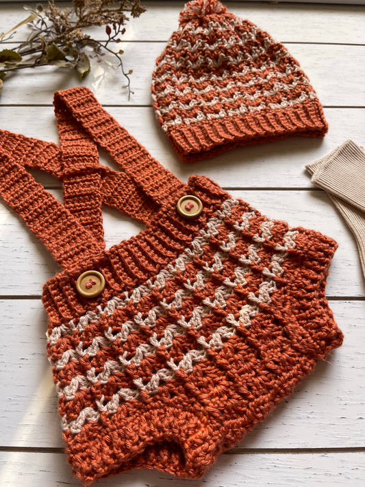 Autumn Striped Crochet Boy or Girl Overalls Outfit Set