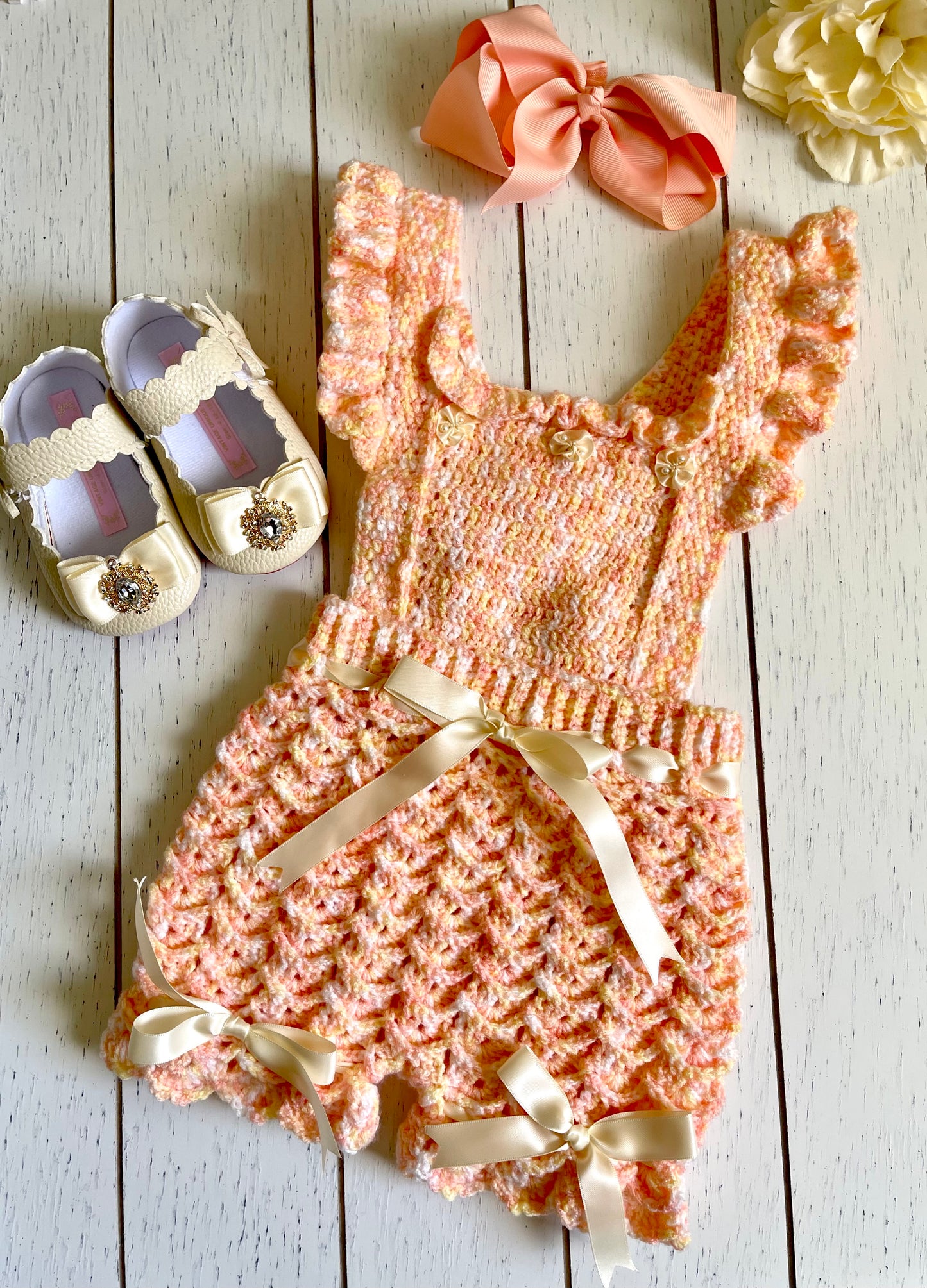 Peach & Cream with ribbons Crochet Girl Overalls