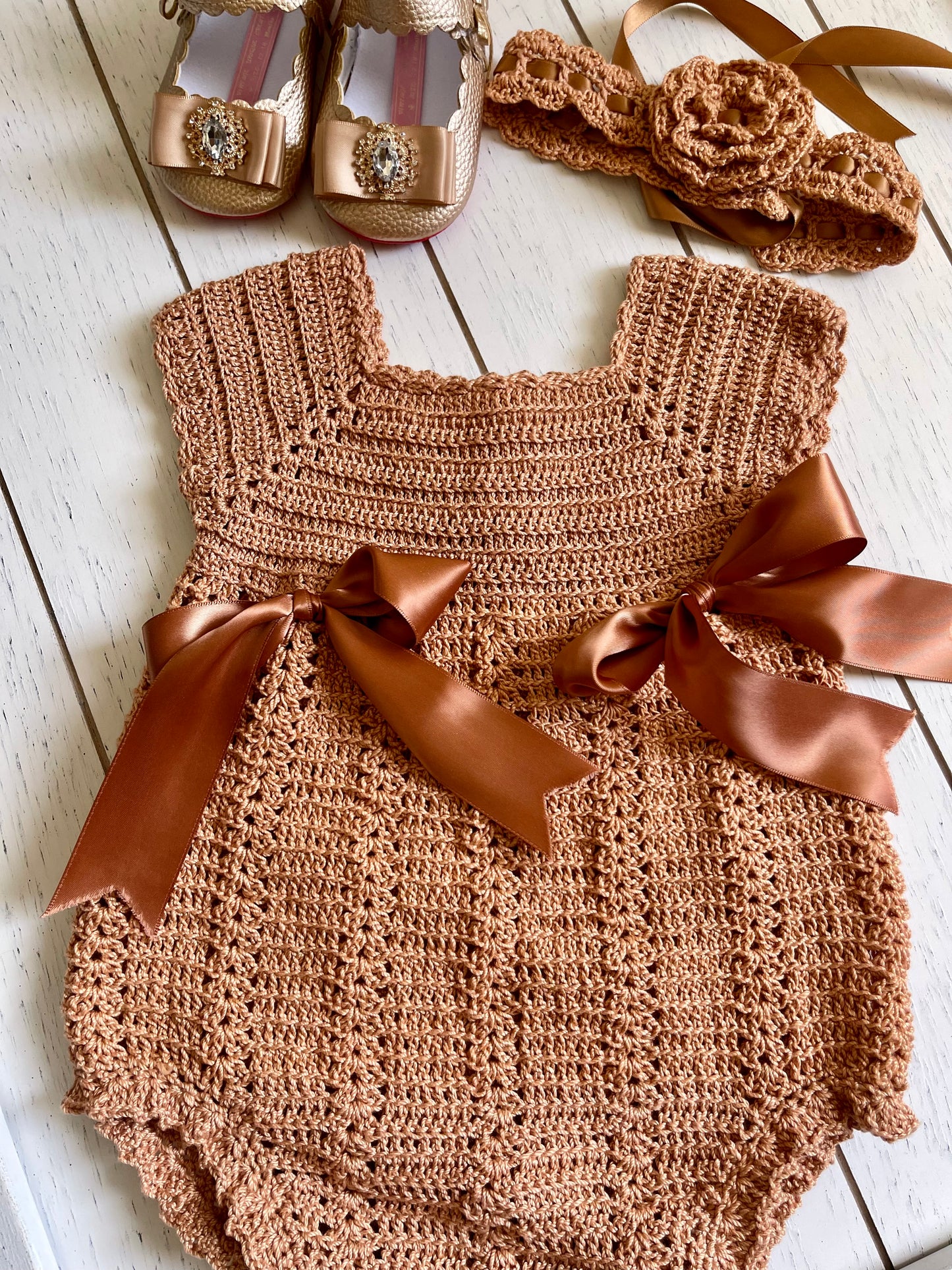 Vintage Rosegold Crochet Girl Romper