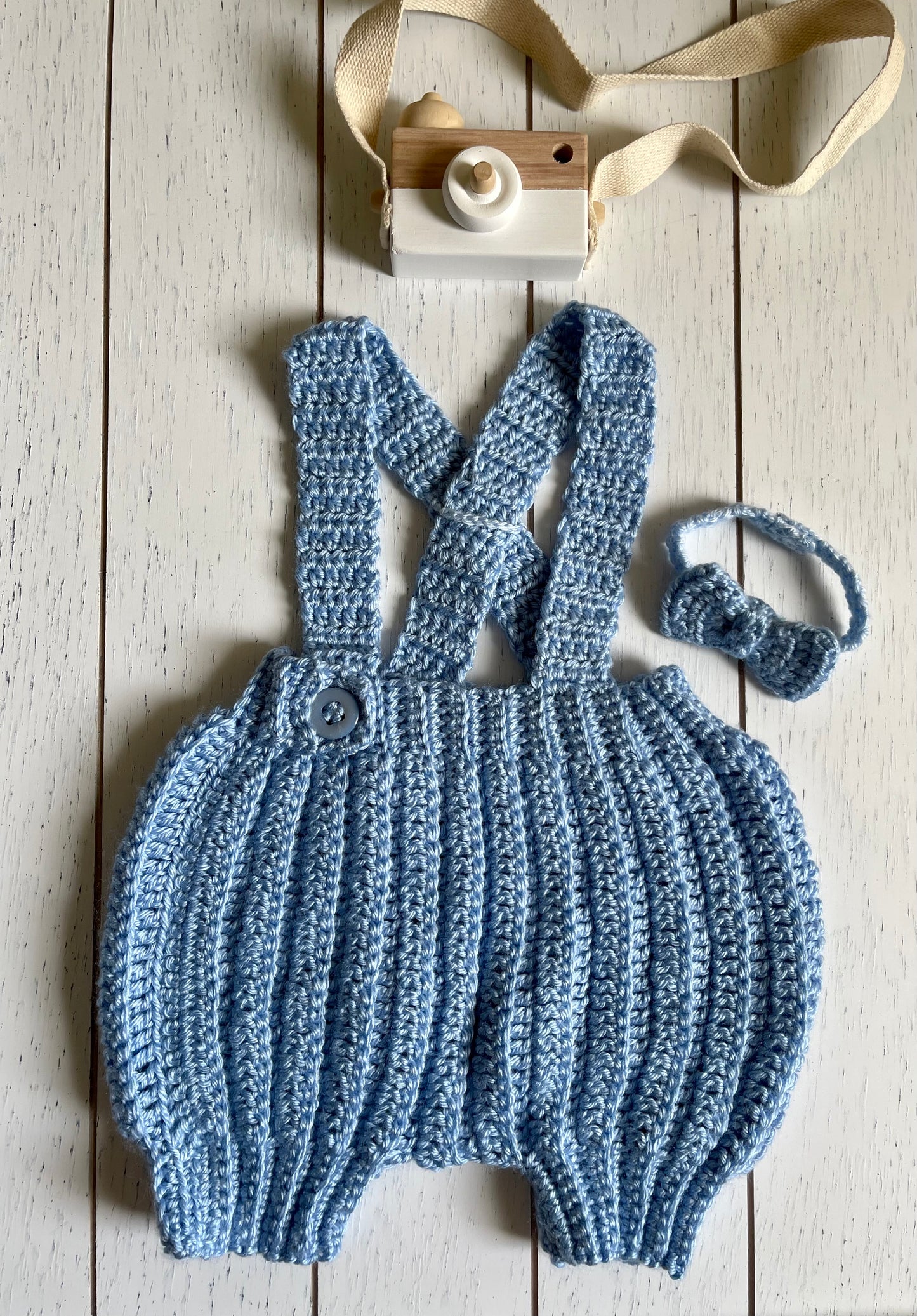 Blue Crochet Boy Overalls & Bowtie Set