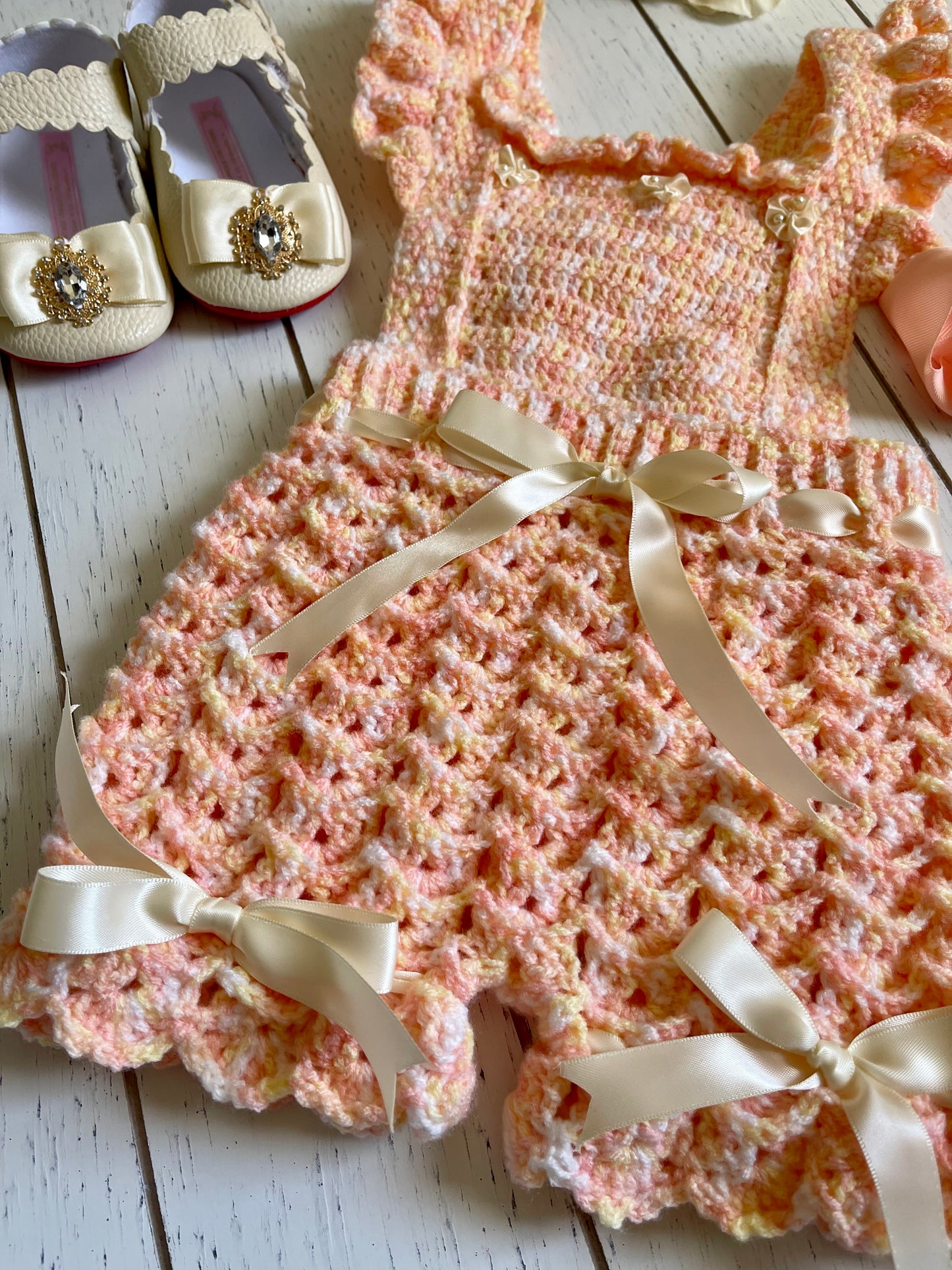 Peach & Cream with ribbons Crochet Girl Overalls