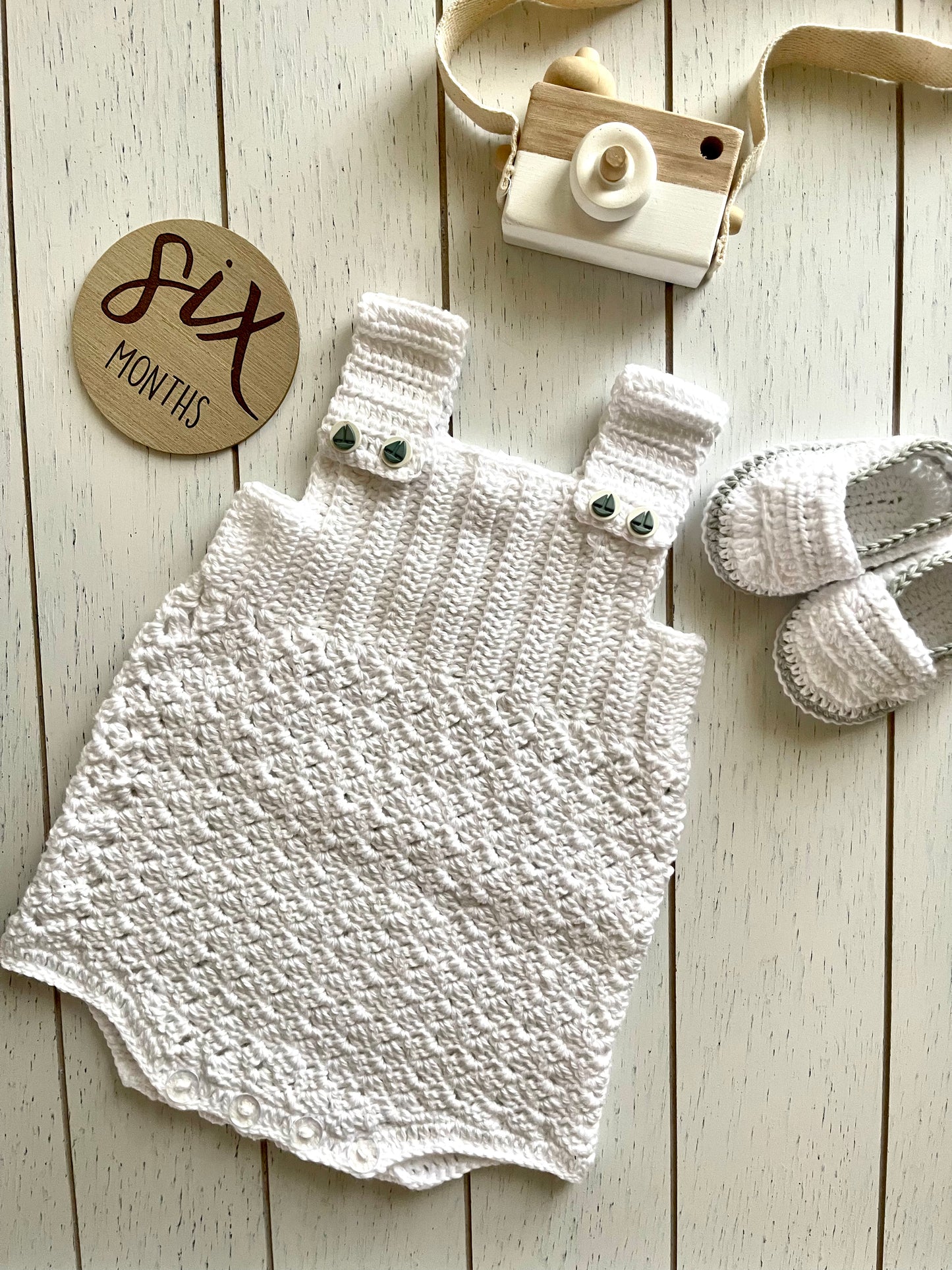 White Crochet Boy  Romper with sailboat buttons Outfit Set