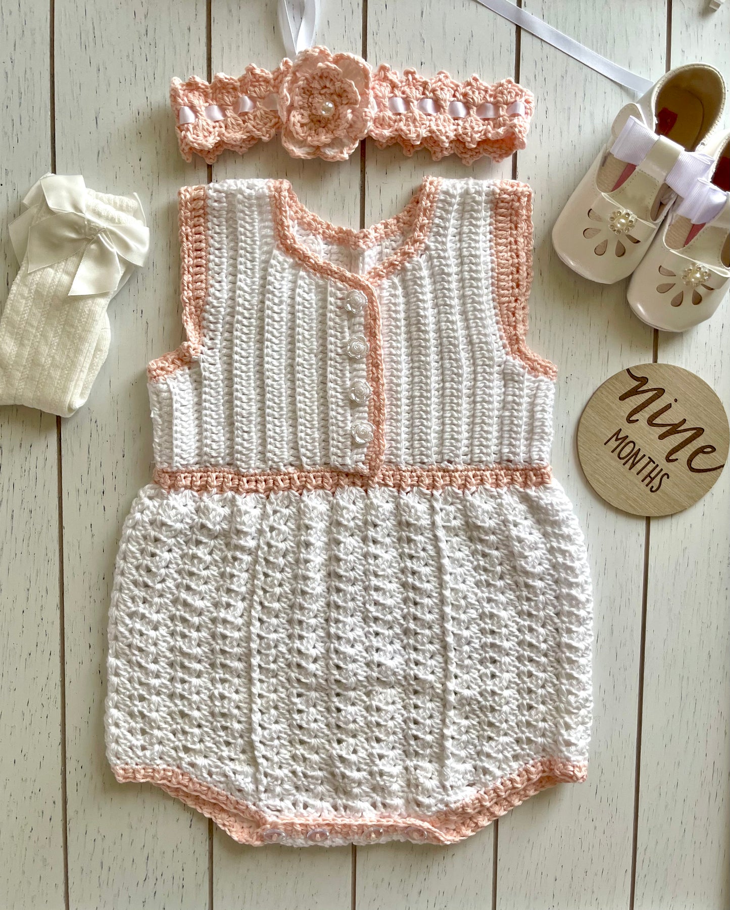 Sleeveless White & Peach Crochet Girl Romper