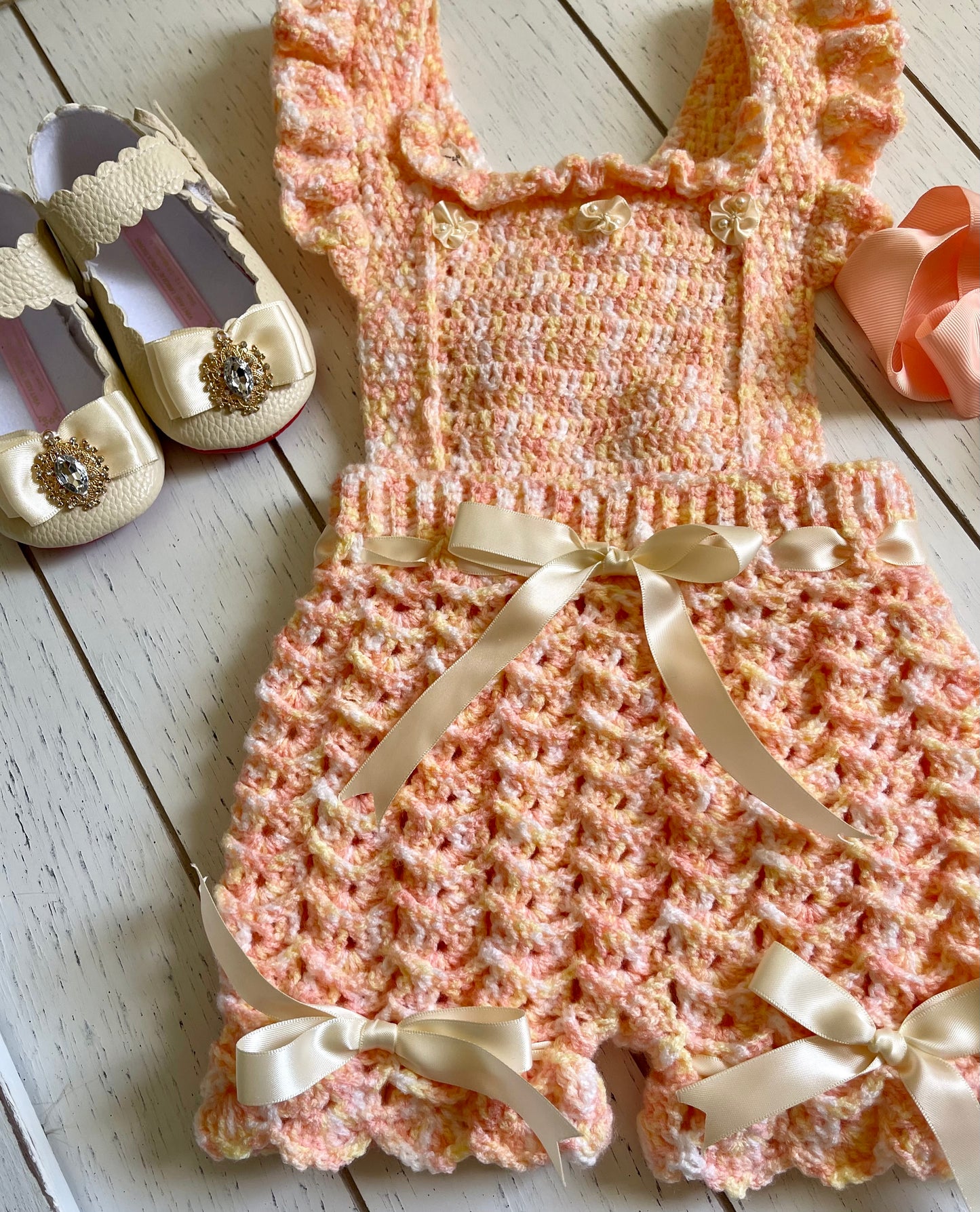 Peach & Cream with ribbons Crochet Girl Overalls