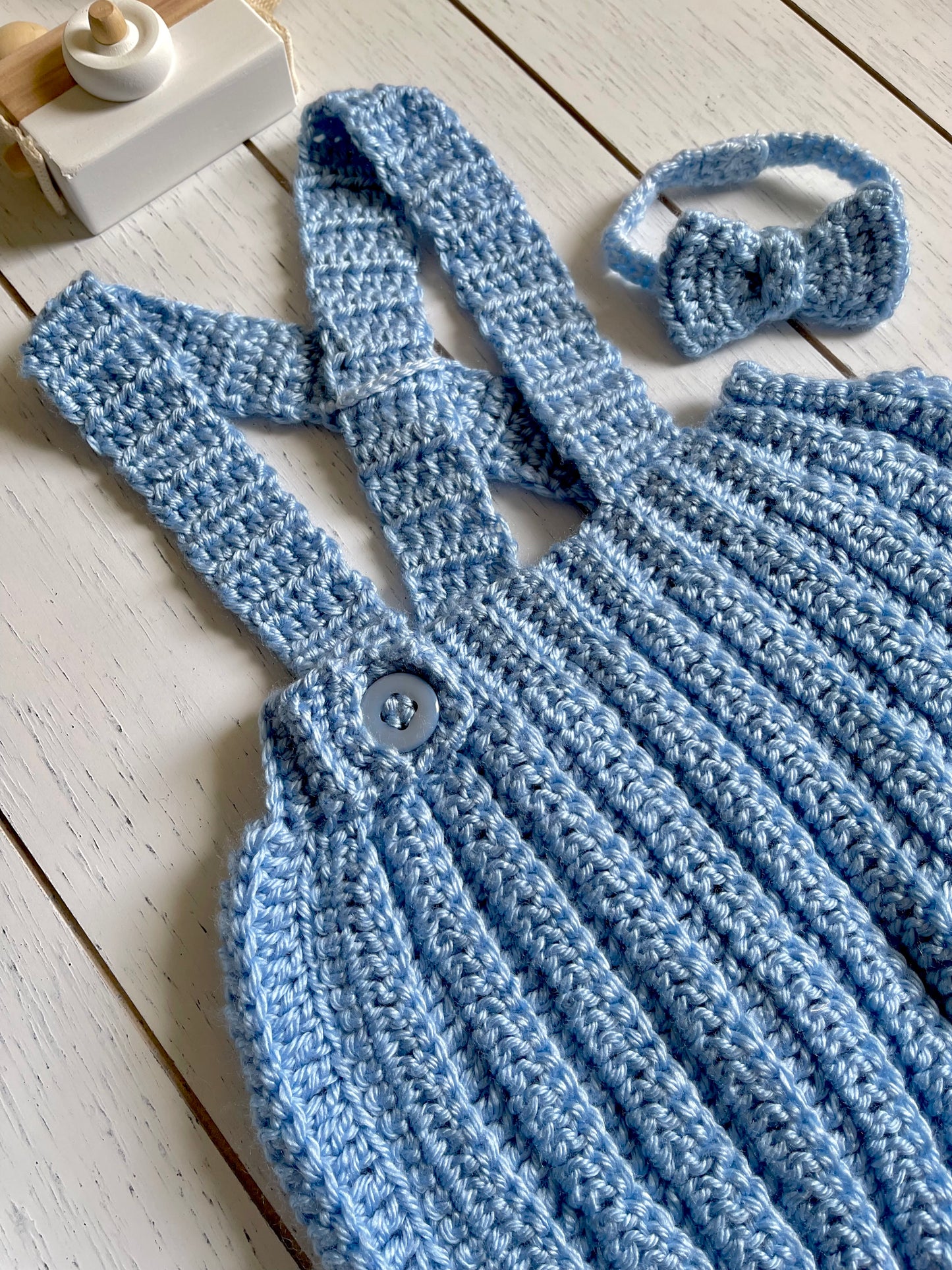 Blue Crochet Boy Overalls & Bowtie Set