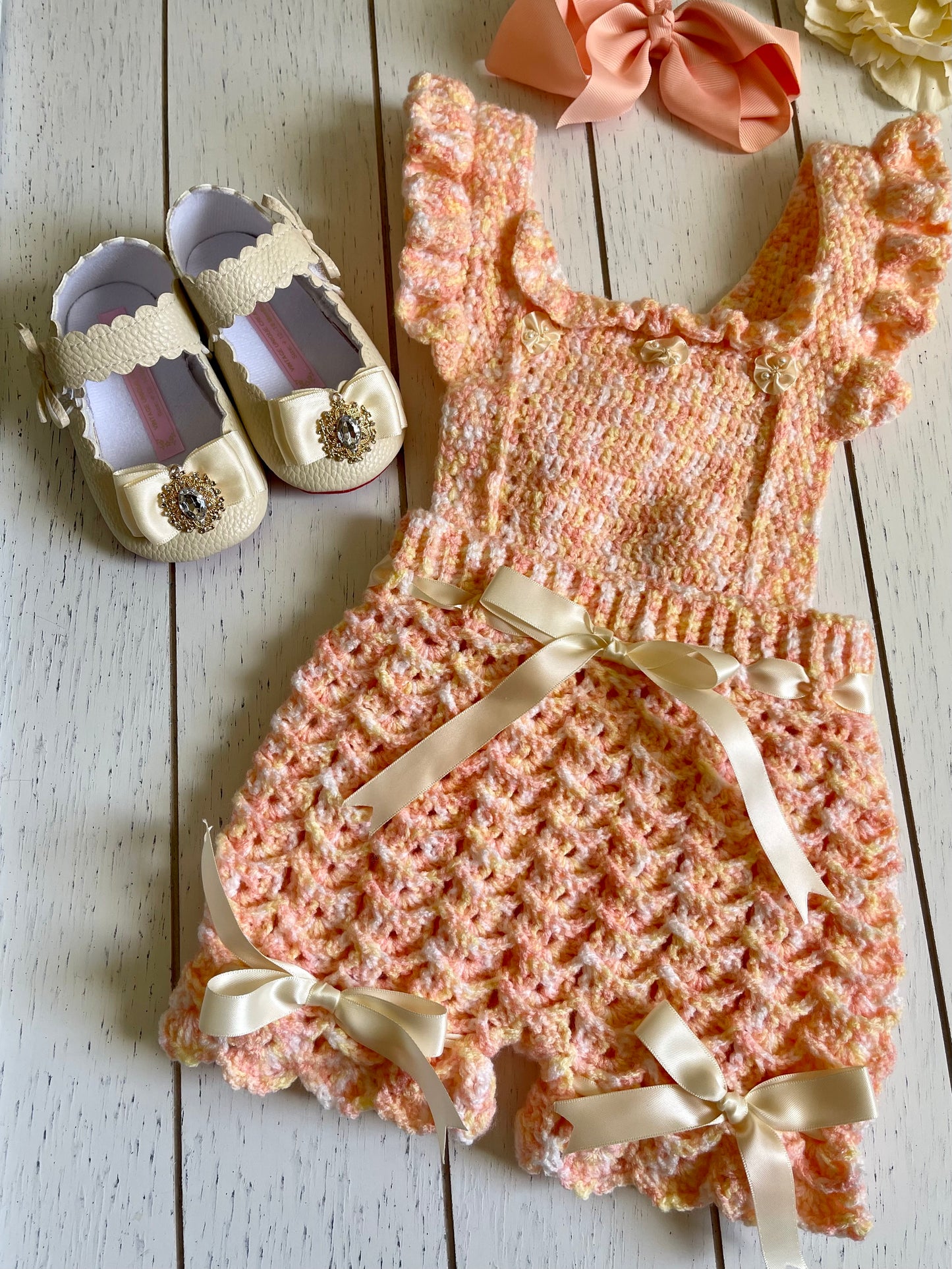 Peach & Cream with ribbons Crochet Girl Overalls