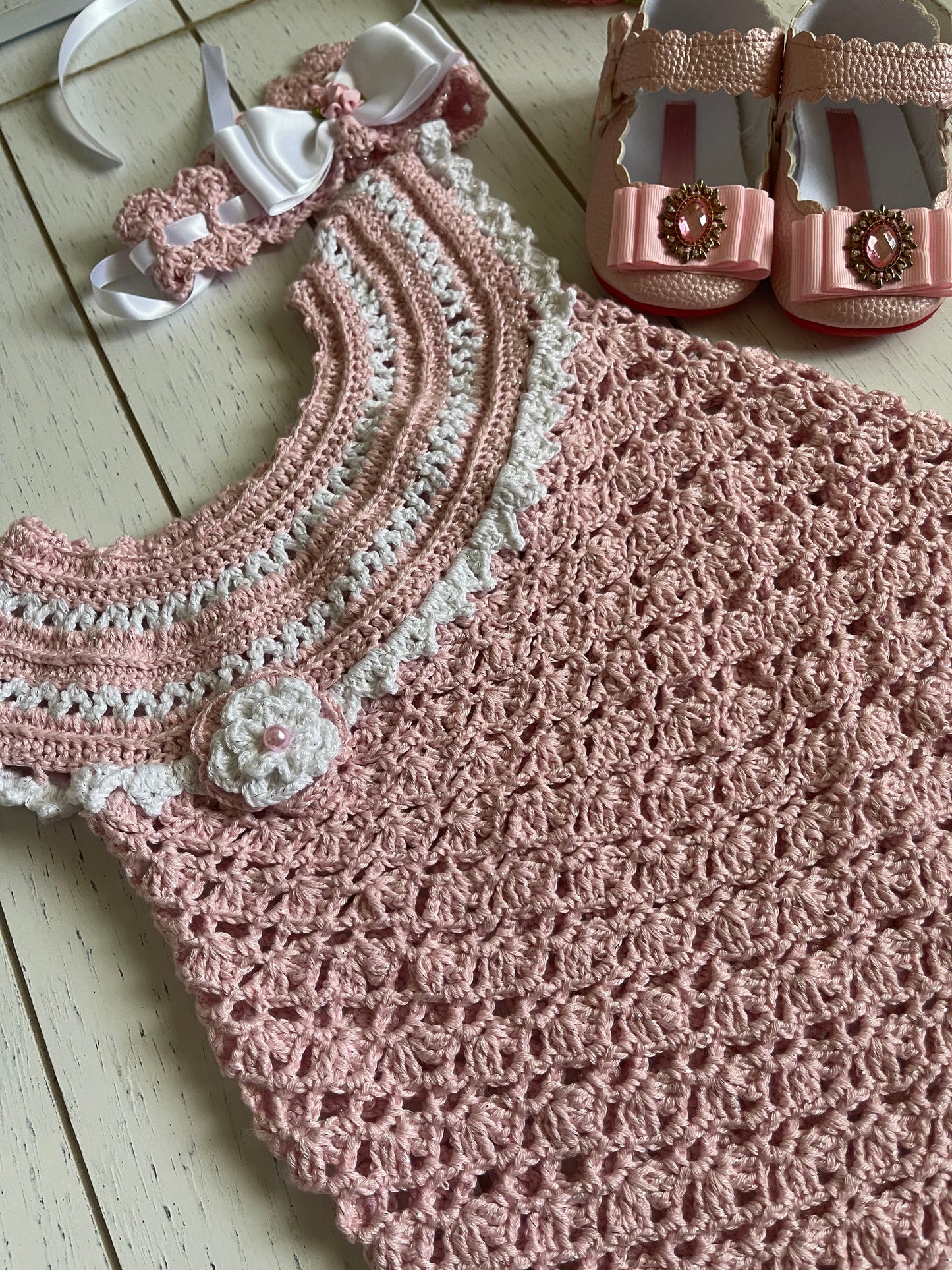 Pink and White Crochet Girl Dress