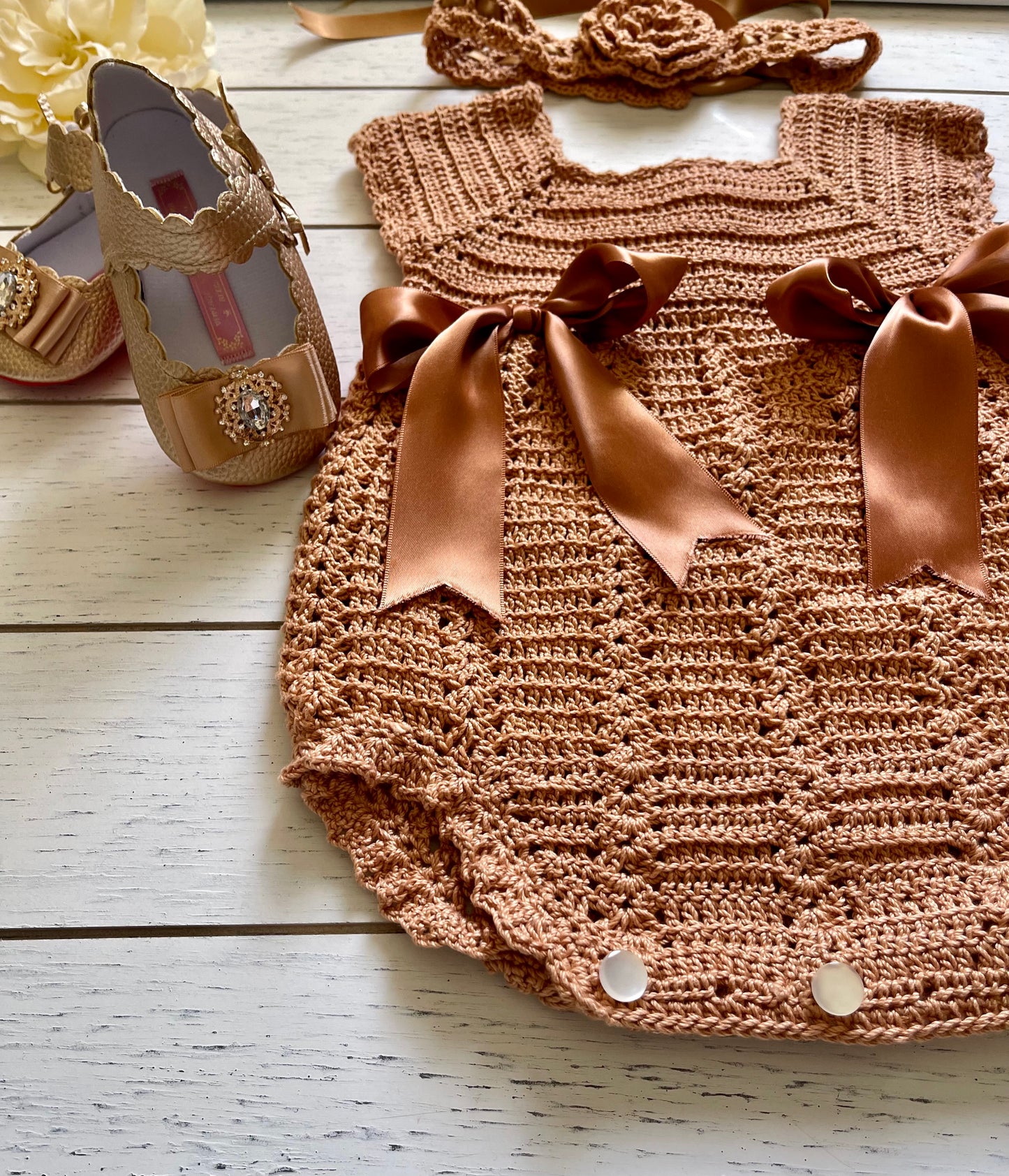 Vintage Rosegold Crochet Girl Romper