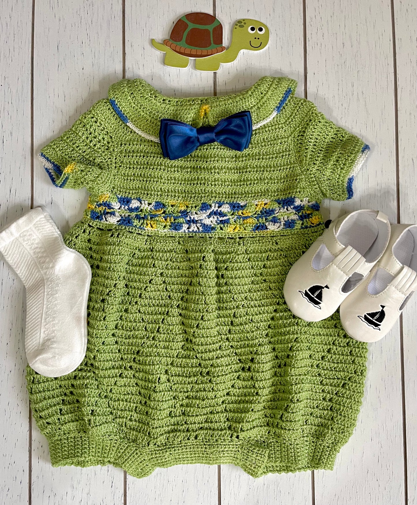 Short Sleeve, Pear Green Crochet  Peter Pan Collar Boy Romper