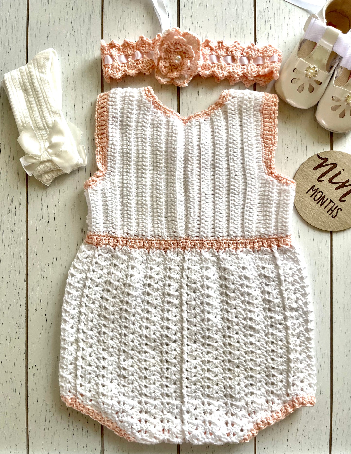 Sleeveless White & Peach Crochet Girl Romper