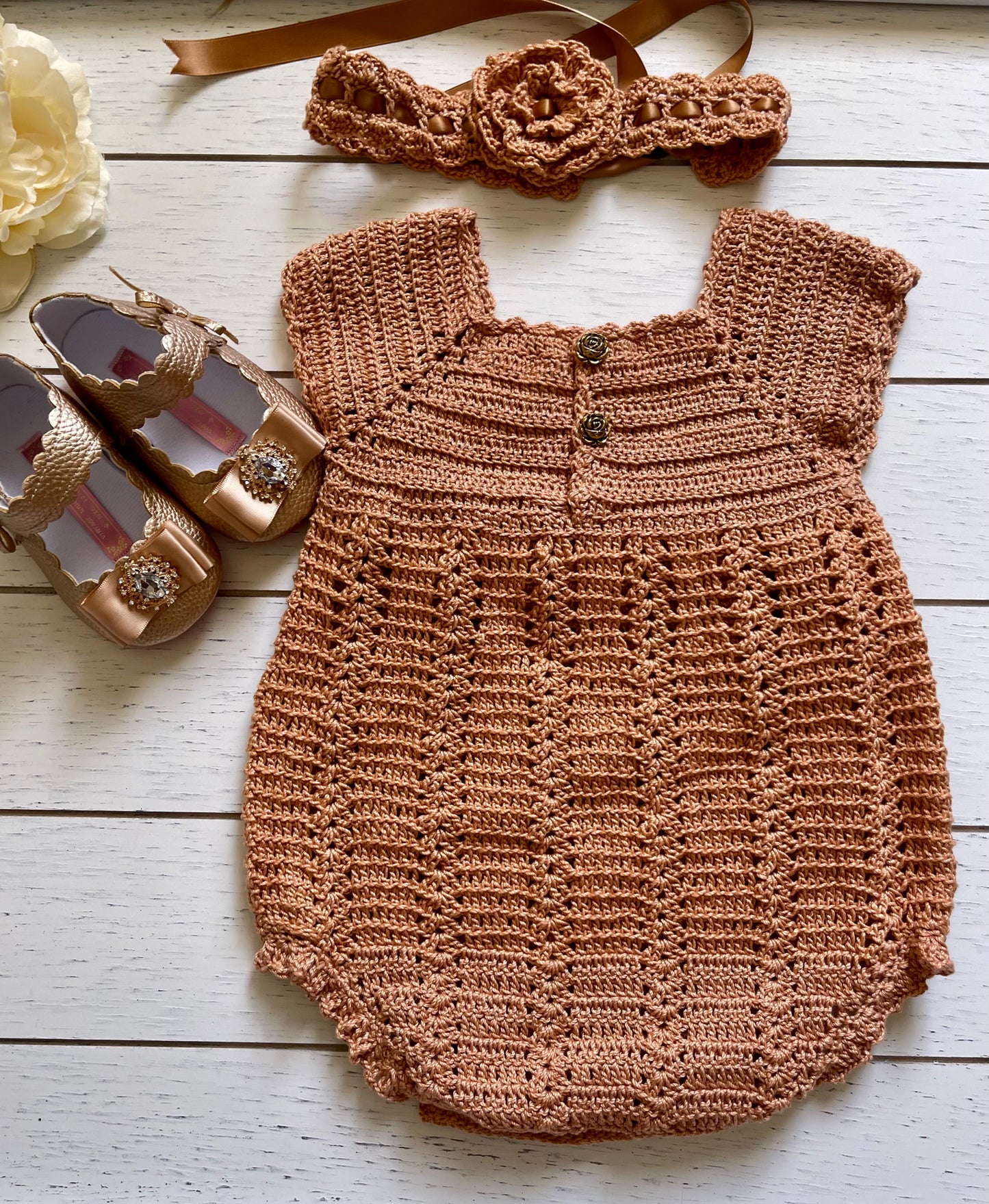 Vintage Rosegold Crochet Girl Romper