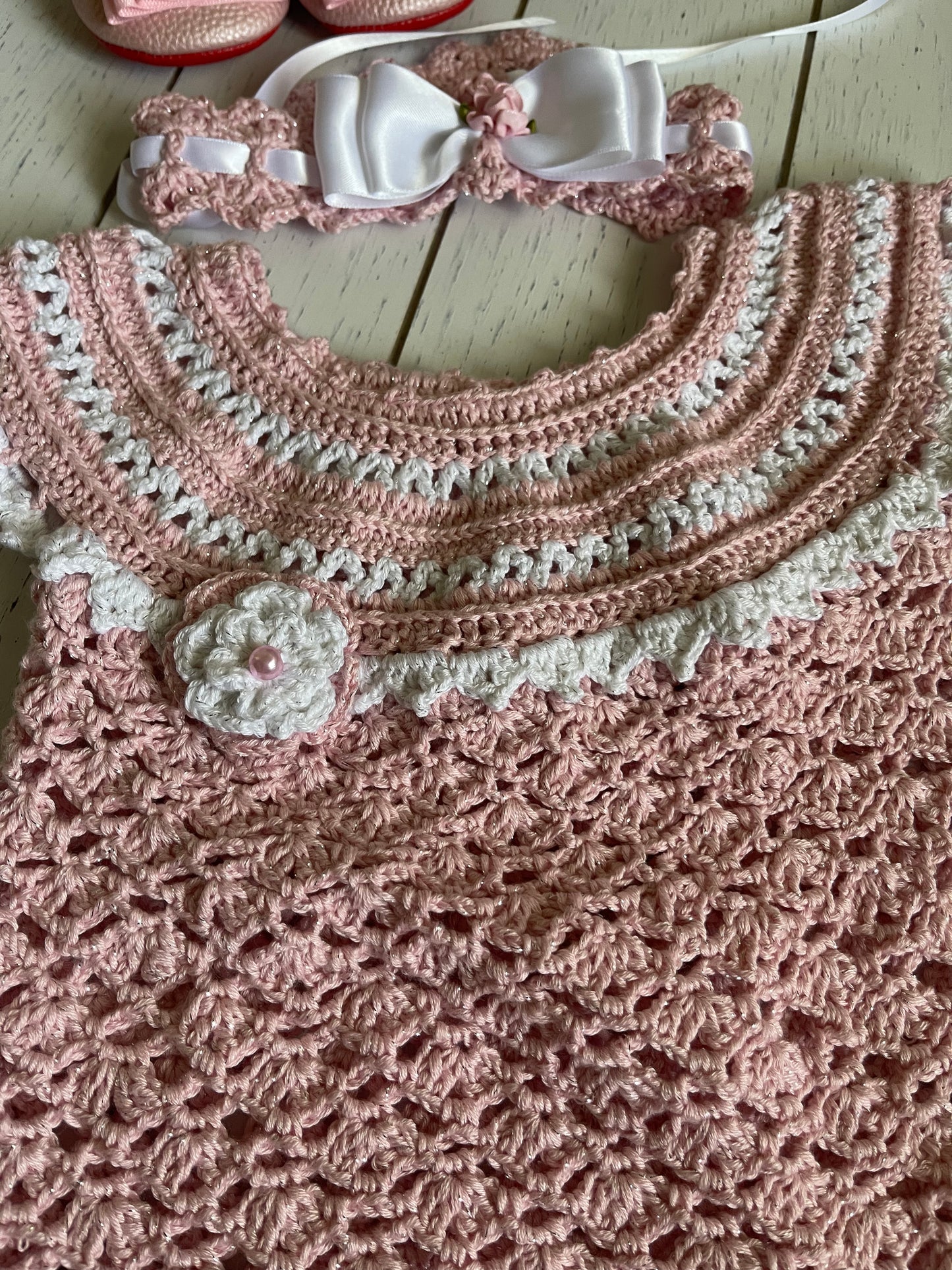 Pink and White Crochet Girl Dress