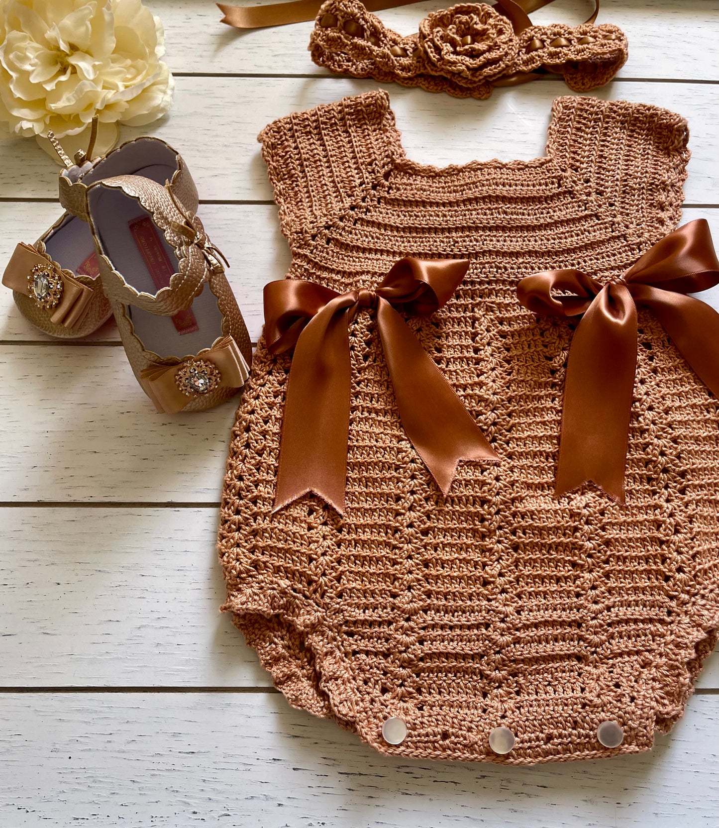 Vintage Rosegold Crochet Girl Romper